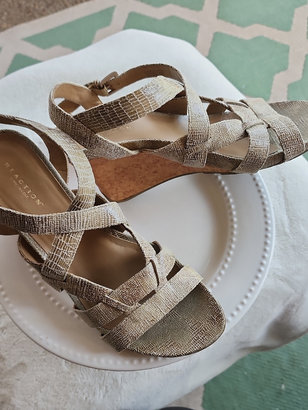 Reaction Kenneth Cole Metallic Taupe Crisscross Wedge Sandals